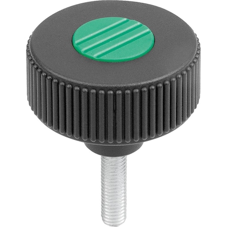 Knurled Knob Size:2, D1=50 D=M10X30 , Form:L, Plastic Black Ral7021, Comp:Steel, Cap:Green Ral6032